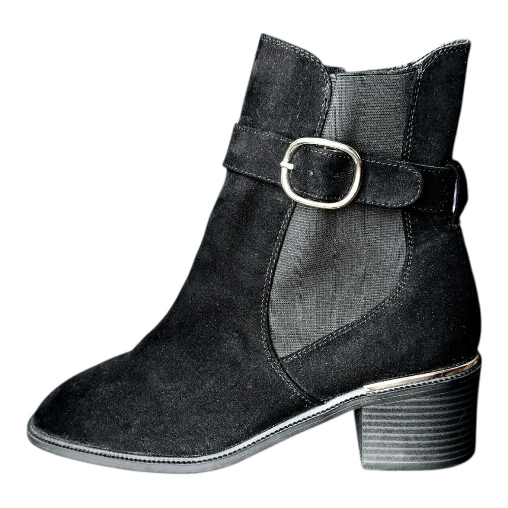 Liz Claiborne Ellison Black Suede Ankle Boots, Gold Buckle and Accent, Size 8